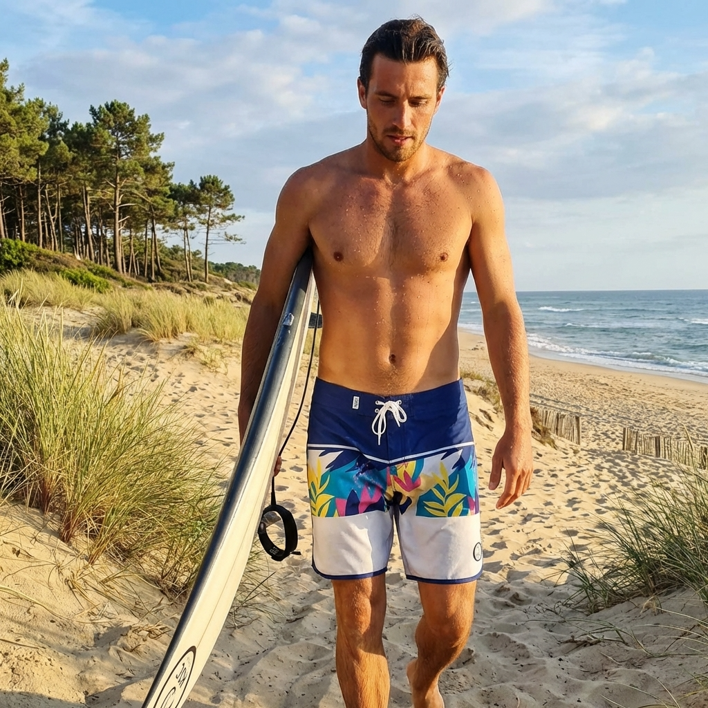 Short de surf recyclé 18'' TROPIC de KDC-Surfwear, avec motif tropical coloré et ceinture élastique.