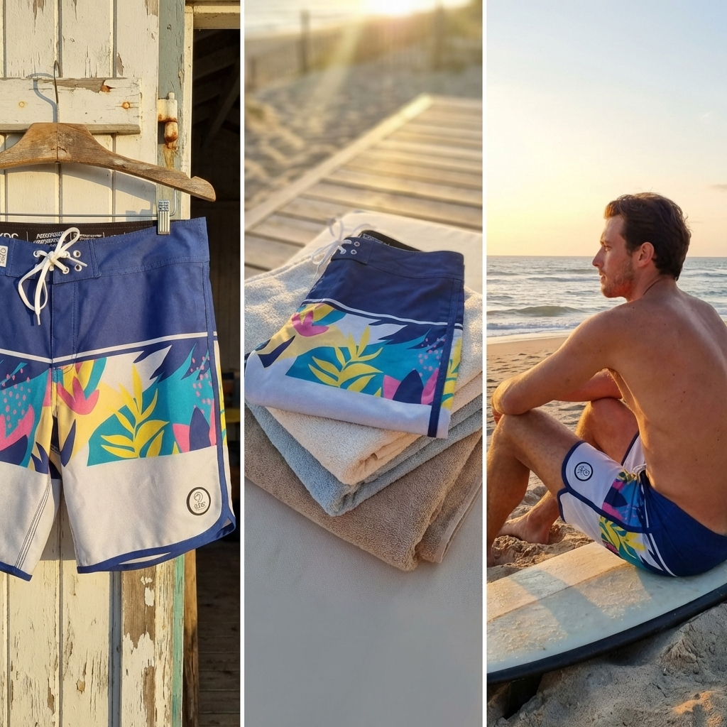 Short de surf recyclé 18'' TROPIC de KDC-Surfwear, avec motif coloré, tissu léger et coupe confortable pour la plage.