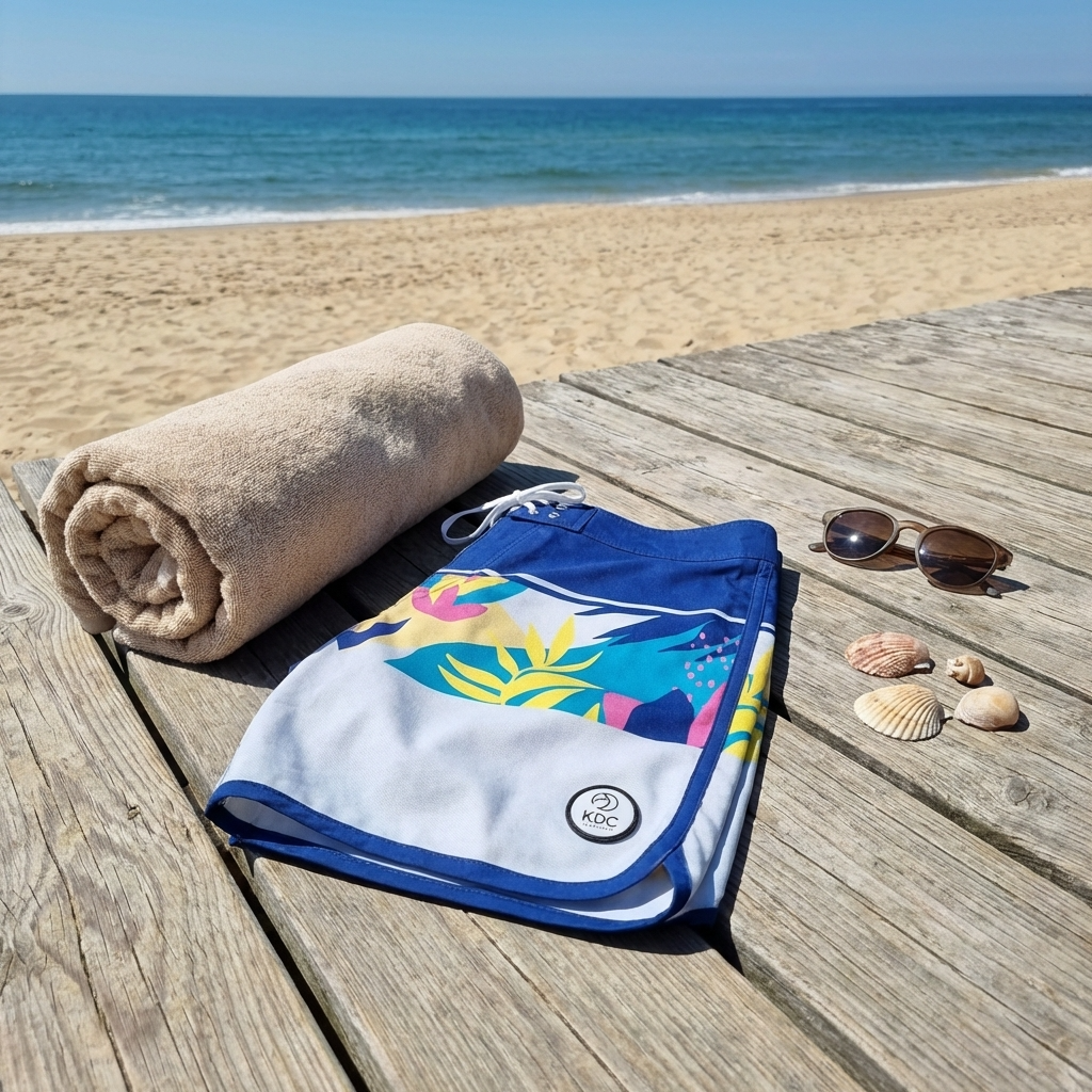 Short de surf recyclé 18'' TROPIC de KDC-Surfwear avec motif coloré et coupe confortable, parfait pour la plage et la baignade.