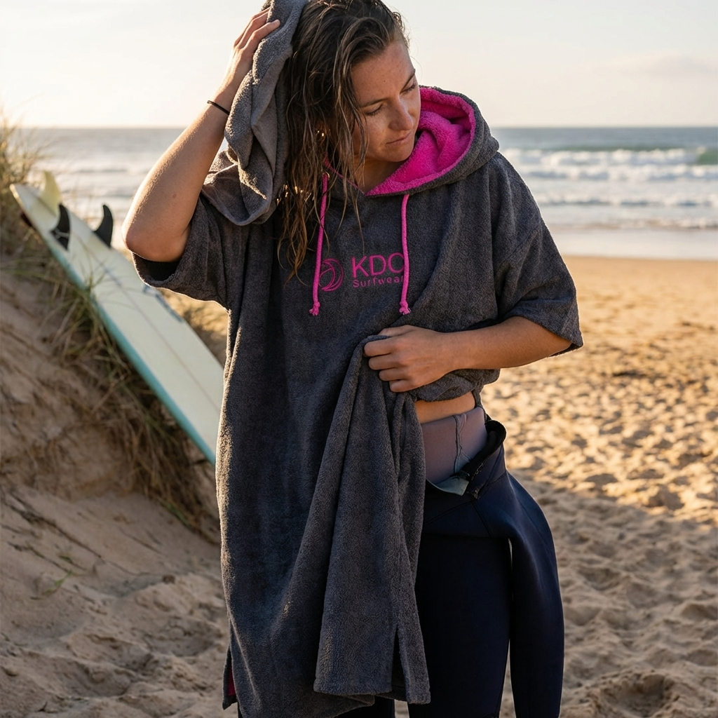 Poncho de surf en coton PASTEK de KDC-Surfwear, avec capuche et motifs colorés, parfait pour après la baignade ou le surf.