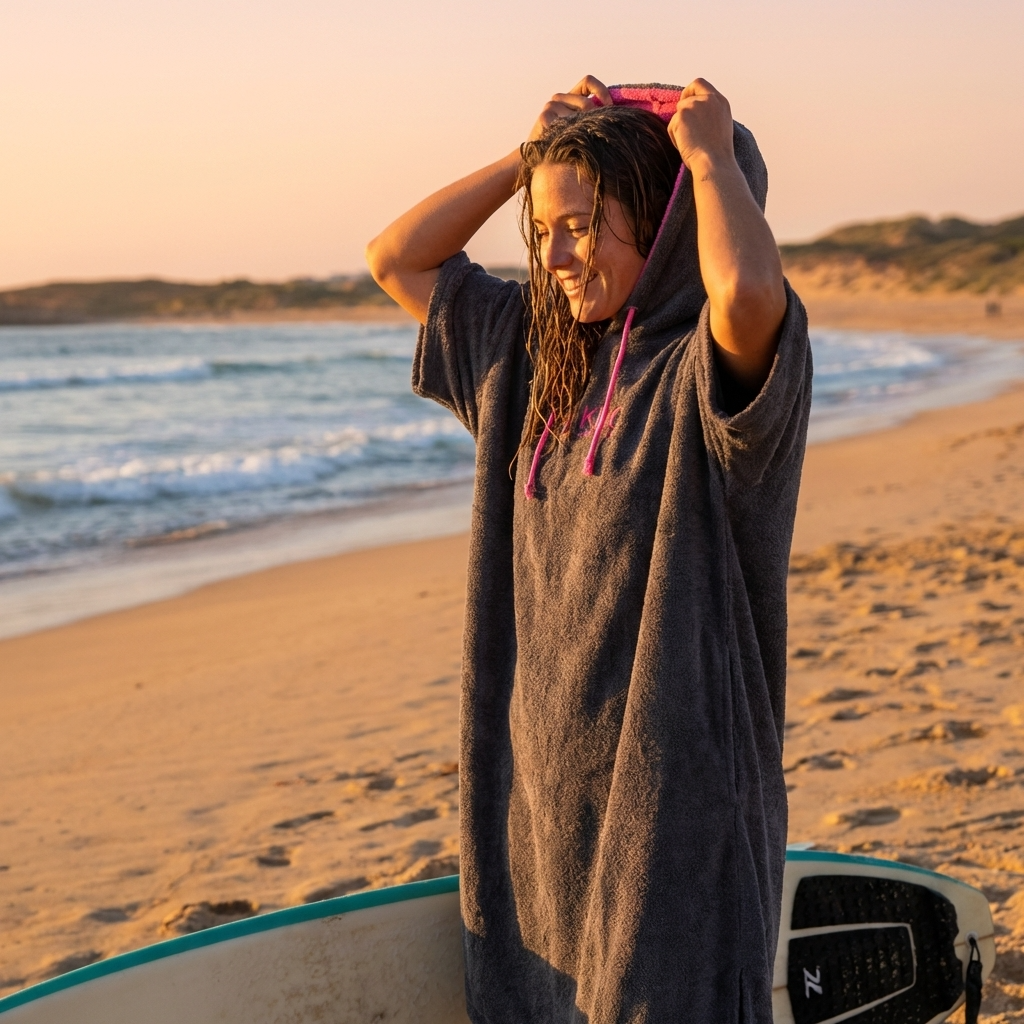 Poncho de surf en coton PASTEK de KDC-Surfwear, avec capuche et motifs colorés, pour se changer ou se sécher après la baignade.