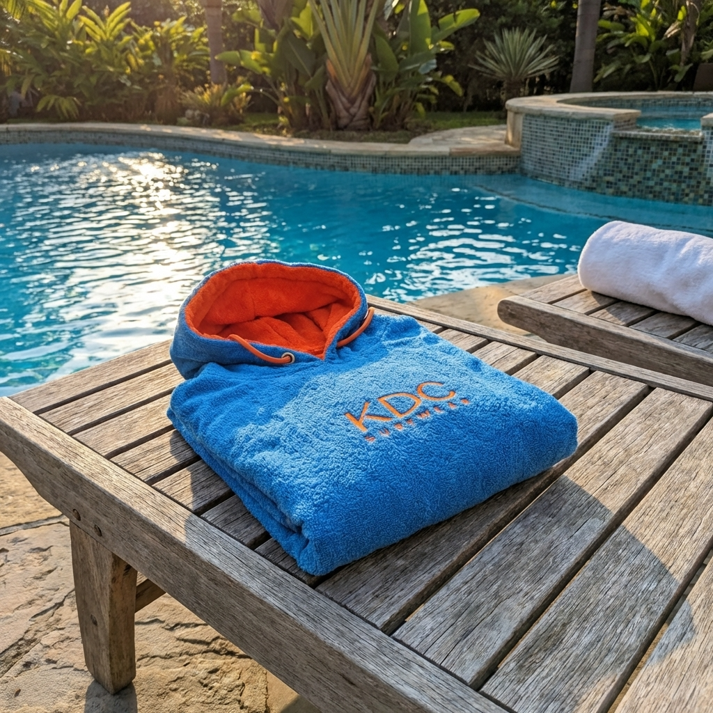 Poncho de surf en coton BIGOU de KDC-Surfwear, montrant la capuche, la coupe ample et le tissu absorbant pour les activités nautiques.