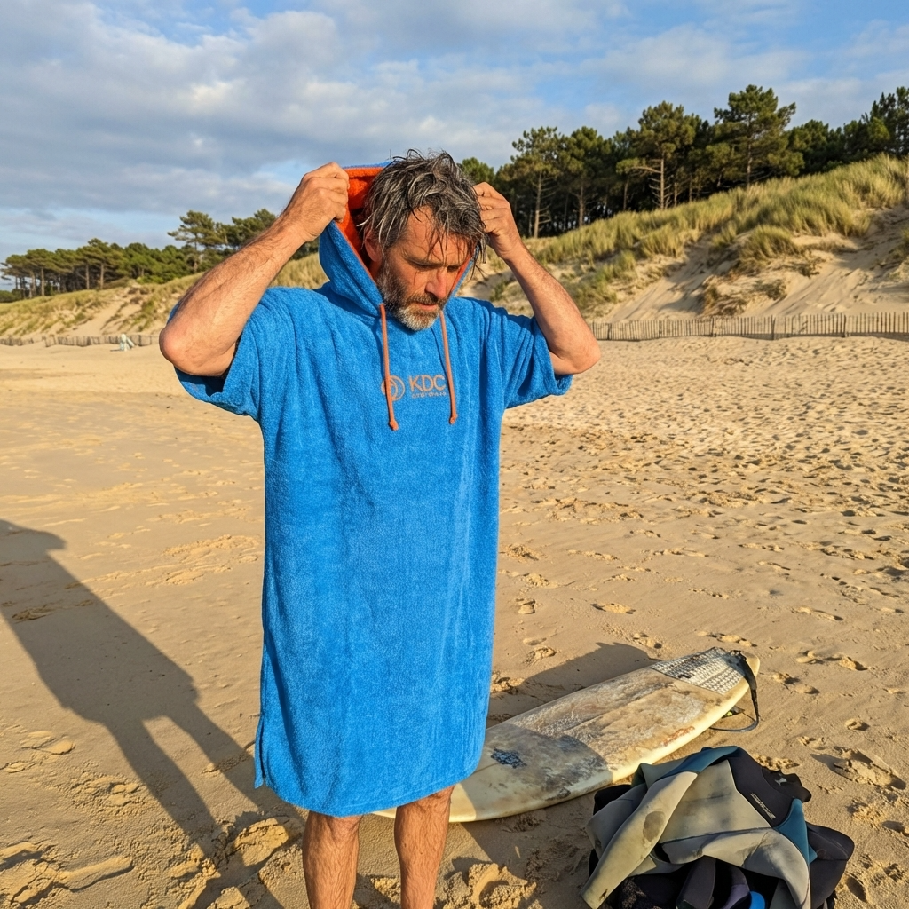 Poncho de surf en coton BIGOU de KDC-Surfwear, doux et pratique, avec capuche pour se changer après la plage.