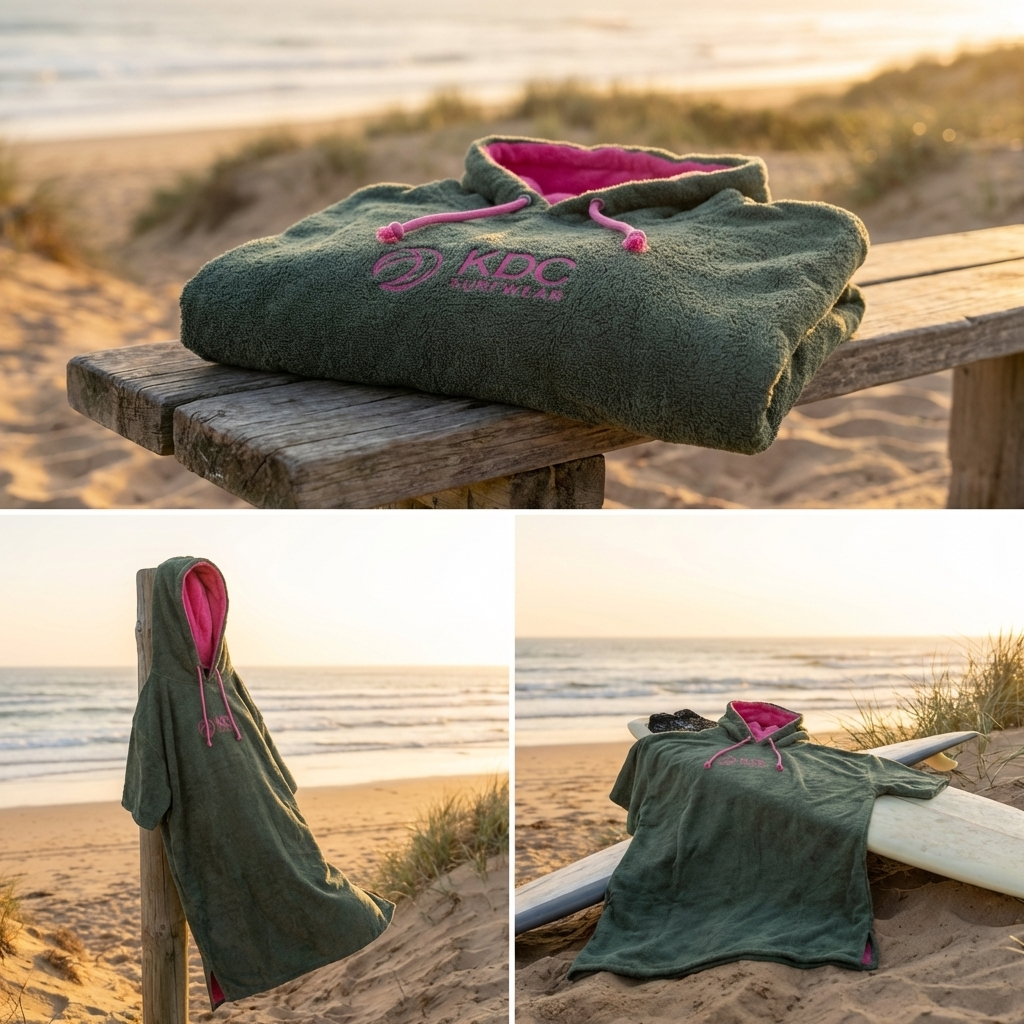 Poncho de surf en coton PASTEK de KDC-Surfwear, avec capuche et tissu absorbant pour changer confortablement après la baignade.