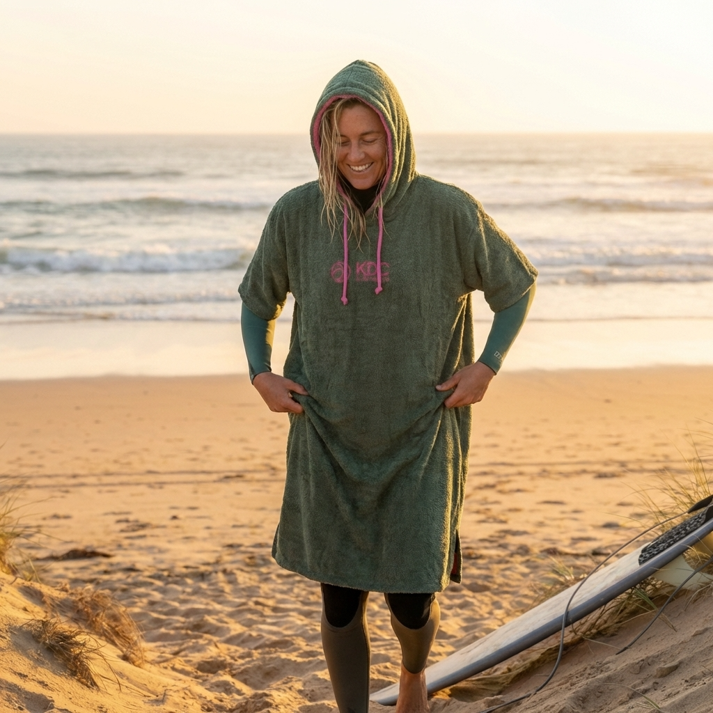Poncho de surf en coton KDC-Surfwear PASTEK avec capuche et poche, idéal pour après la plage, couleur vive et style décontracté.