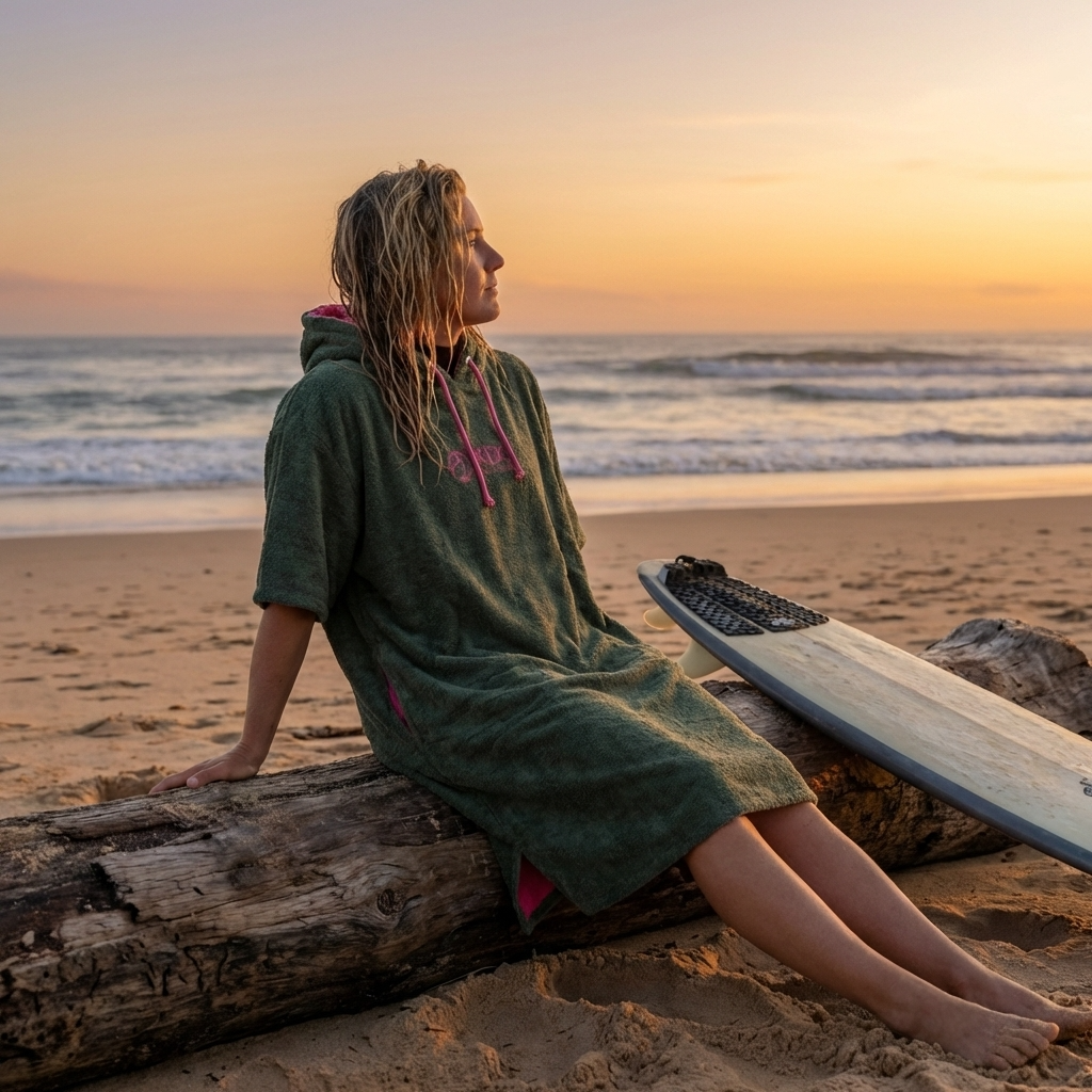 Poncho de surf en coton PASTEK de KDC-Surfwear, porté sur un mannequin avec capuche, idéal pour après la baignade.
