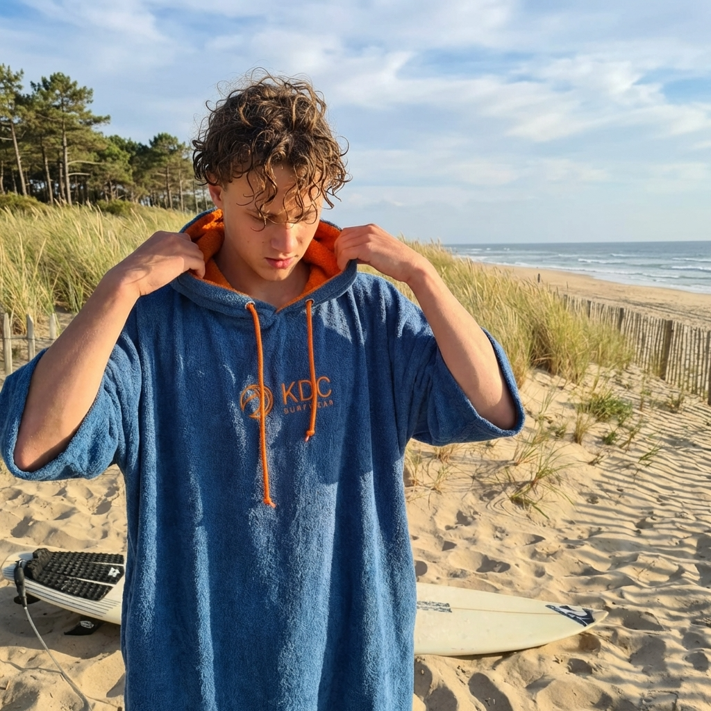 Poncho de surf en coton BIGOU de KDC-Surfwear, idéal pour after-surf.